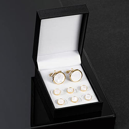 wynameleri Mens Classic Shirts Cufflink Studs, Mother-of-Pearl Tuxedo Shirt Button and Cuff Links Set, Formal Business Wedding Jewelry - color: MOP-Gold White