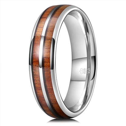 THREE KEYS JEWELRY Tungsten Wedding Band Koa wood Inlay Black Domed | 4mm, 6mm, 8mm, Everyday Wear, Black, Domed, Koa wood inlay - color: Wood Line 6mm