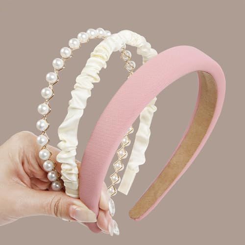 3PCS Pink Head Bands, Fashion Headbands for Women Non Slip Wide Head Bands for Women's Hair Pearl Headband Trendy Padded Headbands Cute Thick Hairband Vintage Women's Headbands Hair Accessories - color: pink