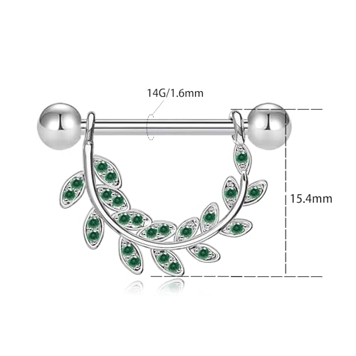 2pcs 14G Nipple Rings Flower Nipple Bars Surgial Steel 316L Nipple Piercing Jewelry Heart Nipple Barbell for Women - color: green leaf