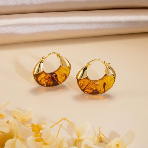 LAXPICOL Gold Chunky Dangle Earrings For Women Resin Stone Earrings Hoop Earrings, 18k Plated Oval Resin Stone Statement Earrings for Women Unique Dangling Teardrop Baroque Huggies Hoop Earrings - color: Brown-Teardrop 2