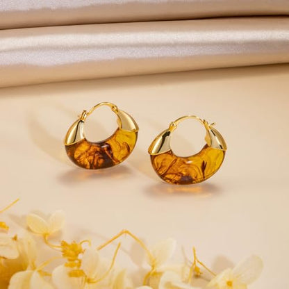 LAXPICOL Gold Chunky Dangle Earrings For Women Resin Stone Earrings Hoop Earrings, 18k Plated Oval Resin Stone Statement Earrings for Women Unique Dangling Teardrop Baroque Huggies Hoop Earrings - color: Brown-Teardrop 2