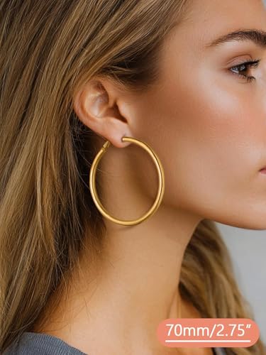 FaithHeart Silver/Black/Gold Stainless Steel Chunky Hoop Earrings for Women | Hypoallergenic Lightweight Hoop Earrings, Trendy Statement Thick Hoop, 20/30/40/50/60/70/80mm - color: Gold, size: 70mm