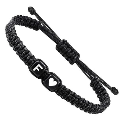 Valentines Day Gifts for Him Her Heart Love Letter Initial Matching Couple Bracelets for Women Men Teen Gifts Best Friend Graduation Birthday Gifts A-Z Braided Bracelet Son Daughter Dad Jewelry - color: Black-F