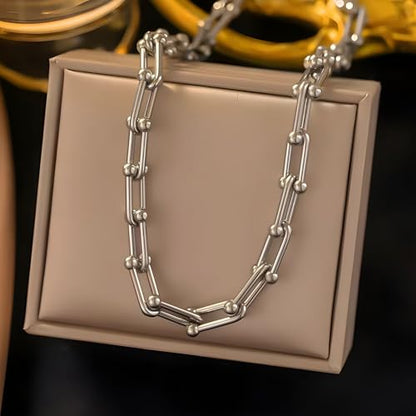 BG&WLing 18K Gold Plated Paperclip Necklace for Women Chunky Stainless Steel Link Chain Necklace Gold Statement Choker Classic Jewelry Gift - color: Silver