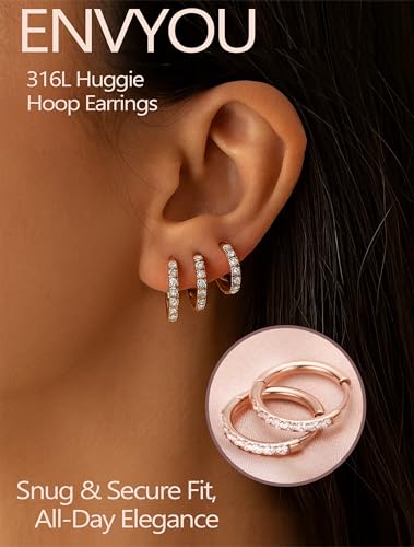 316L Surgical Steel Huggie Hoop Earrings | Dainty Pave Cubic Zirconia Cartilage Tiny Earring for Sensitive Ears Hypoallergenic Lightweight for Women Men - style: Rose Gold Plated,20G*8/10/12mm