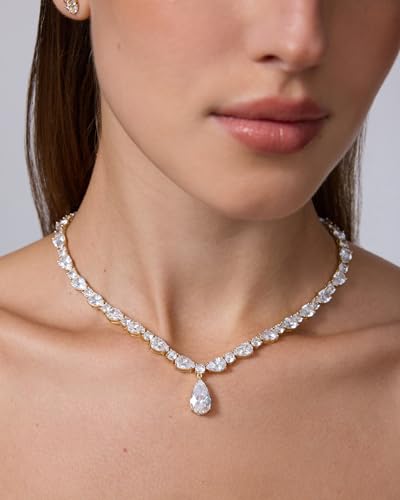 PAVOI 14K Gold Plated Pear Tennis Necklaces for Women - Cubic Zirconia Tennis Necklace with Drop for Brides & Bridesmaids - Cute Simulated Diamond Chain Trendy Wedding Jewelry - color: Yellow Gold