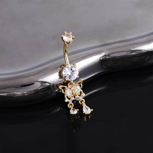 Butterfly Tassel Belly Button Ring 14G Stainless Steel | CZ Crystal Dangle Navel Barbell, Body Piercing Jewelry for Women