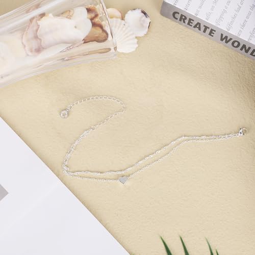 Mikovivi Silver Anklet for Women, Waterproof Adjustable Double Layer Anklet Shiny Statement Foot Jewelry with Heart-Shaped Pendant for Women Accessories