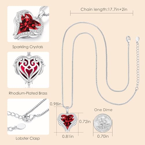 CDE Angel Wings Heart Birthstone Pendant Necklace Gift for Women | Silver/Gold Tone,Ideal Birthday & Anniversary Jewelry Gift for Wife,Girlfriend,Her - color: White-01&07-Ruby Red Birthstone