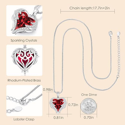 CDE Angel Wings Heart Birthstone Pendant Necklace Gift for Women | Silver/Gold Tone,Ideal Birthday & Anniversary Jewelry Gift for Wife,Girlfriend,Her - color: White-01&07-Ruby Red Birthstone