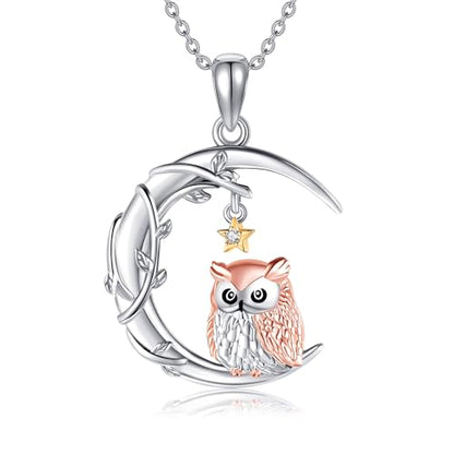 YAFEINI Moon Animal Necklace S925 Sterling Silver Owl/Fox/Red Panda/Possum/Snake/Dachshund Pendant Necklace Animal Jewelry Gifts for Women Mom Wife - style: OWL