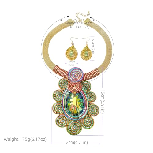 African Jewelry Sets Statement Big Crystal Pendent Necklace Earrings Set For Women Handmade Bib Collar Costume Tribal Fashion Accessories - color: KDLUN5305 Multicolor
