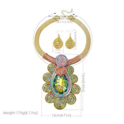 African Jewelry Sets Statement Big Crystal Pendent Necklace Earrings Set For Women Handmade Bib Collar Costume Tribal Fashion Accessories - color: KDLUN5305 Multicolor