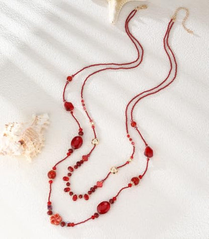 FULU AUTUMN Long Layered Beaded Necklaces for Women Statement Double Bead Strand Ceramic Flower Boho Jewelry Gifts for Mom - color: Red