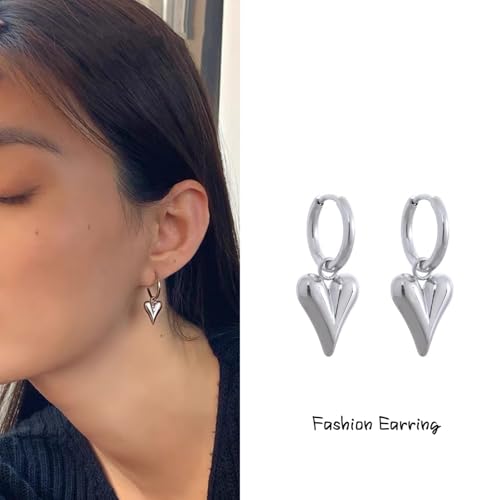 Charm Heart Huggie Hoop Earrings for Women,Lightweight 14K Gold Plated Love Heart Drop Dangle Earrings Minimalist Jewelry - color: Silver heart hoop earrings