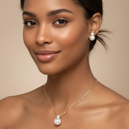 Gold Jewelry Sets for Women, Gold Pearl Dangle Earrings Bracelets Necklaces Set, Women's Jewelry Gifts for Women Wife - style: Gold Pearl Rhinestone Necklace Set-2PCS