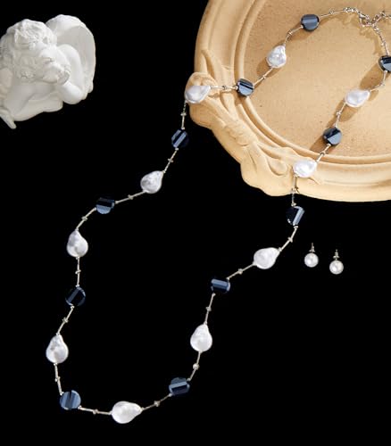 Errally Long Pearl Necklace and Earring Set Layered Pearl Beaded Necklaces for Women White Costume Jewelry Sets Gifts for Mom - color: 14-Navy Blue