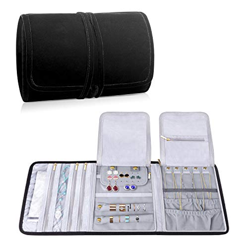 Teamoy Velvet Travel Jewelry Roll Organizer, Jewelry Storage Bag, Black | Foldable Jewelry Case for Necklaces, Earrings, Bracelets, Rings, Large, Soft, Compact and Easy to Carry - color: Velvet-Black