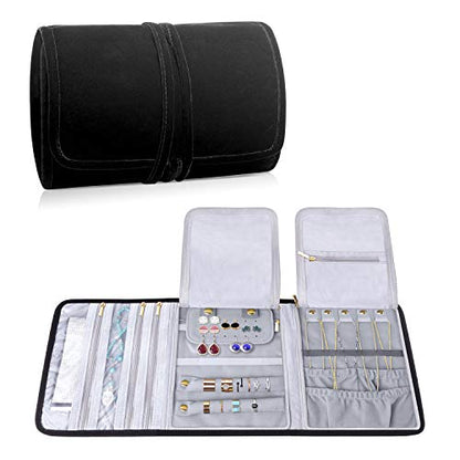 Teamoy Velvet Travel Jewelry Roll Organizer, Jewelry Storage Bag, Black | Foldable Jewelry Case for Necklaces, Earrings, Bracelets, Rings, Large, Soft, Compact and Easy to Carry - color: Velvet-Black