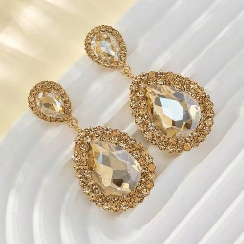 Elegant Rhinestone Statement Earrings Sparkly Cluster Crystal Drop Dangle Earrings Teardrop Chandelier Earrings Wedding Bridal Prom Earrings for Women - color: B:Champagne