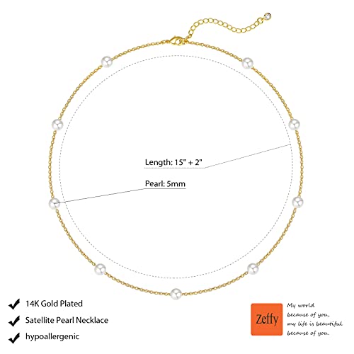 Zeffy Pearl Necklace 8MM Dainty Round Imitation Pearl Choker Necklace Wedding Pearl Necklace Delicate Jewelry for Women Simple Bridesmaid Jewelry Gifts - style: 4mm Gold Satellite Pearl Necklace