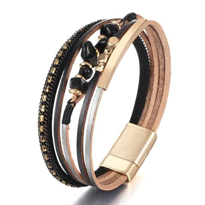 Fesciory Leather Wrap Bracelets for Women, Boho Western Layered Jewelry | Layered leather cuff bracelets, Easy on and off, Boho western style, Daily wear, Gift for women - color: Black 7