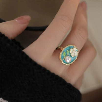 Fashion Enamel Flower Pearl Open Rings For Women 14k Gold-Tone Plated Vintage Floral Leaf Unique Finger Band Stackable Wedding Ring Adjustable Cocktail Party Statement Jewelry Gifts Mother Day Birthday