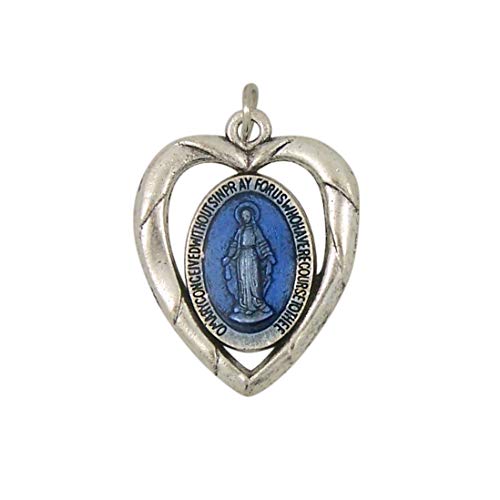 Blue Enamel Heart Miraculous Medal, 1 1/4 Inch, Pack of 5