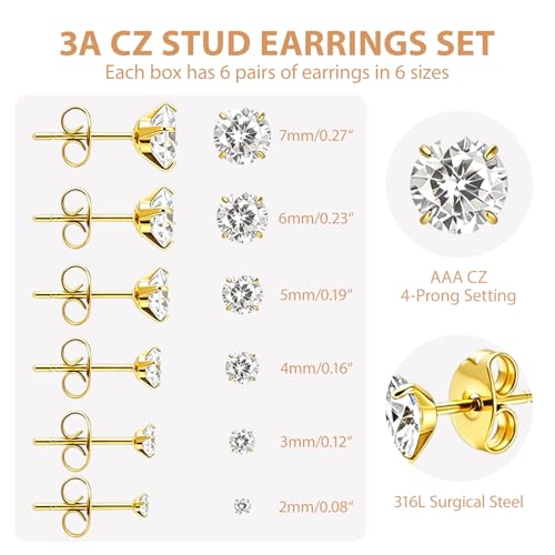 6/12 Pairs Silver Gold Stud Earrings Set for Women Men Cubic Zirconia 316L | Hypoallergenic, 14K Gold Plated Surgical Stainless Steel, 2 3 4 5 6 7 mm CZ Jewelry, Lightweight, Multiple Piercing - color: Gold/6 Pair