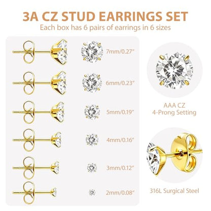6/12 Pairs Silver Gold Stud Earrings Set for Women Men Cubic Zirconia 316L | Hypoallergenic, 14K Gold Plated Surgical Stainless Steel, 2 3 4 5 6 7 mm CZ Jewelry, Lightweight, Multiple Piercing - color: Gold/6 Pair