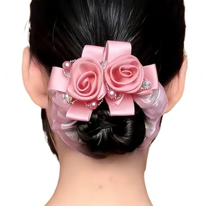 Satin Hair Scrunchie with Rose Flower, Brown and Gold, Pearl Beads, Ribbon Bow, Hair Tie Accessory, 9cm (pink) - color: pink