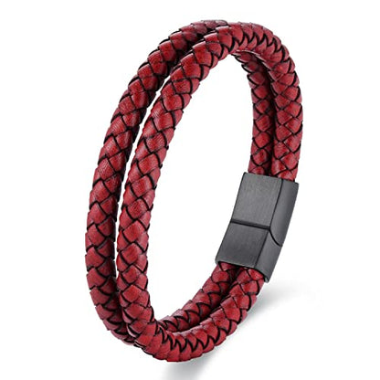 Minimalist Two-row Braided Leather Bangle Bracelet for Men, Cool Punk Rock - color: Red