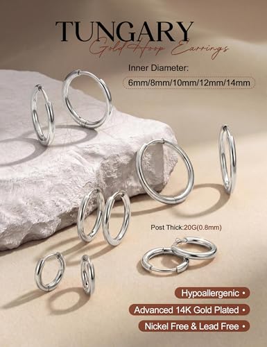 Tungary Small Gold Hoop Earrings for Women Huggie CZ Hoops Earring Stacks | Hypoallergenic Earing Hoops for Sensitive Ears, Earrings Stack Set for Cartilage, Secure Clasp, Silver/Black/14K Gold Plated - color: Silver-Plain Huggies