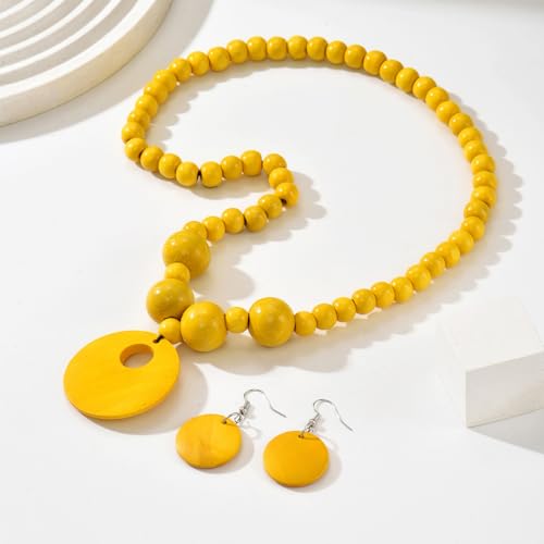 LOTSOF Boho Wooden Beaded Necklace and Earring Set for Women, Bohemian Chunky Statement Costume Jewelry, Round Drop Pendant Retro Ethnic Accessories Ladies Gift - color: Yellow