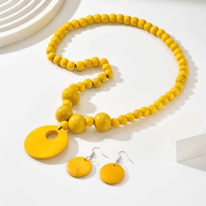 LOTSOF Boho Wooden Beaded Necklace and Earring Set for Women, Bohemian Chunky Statement Costume Jewelry, Round Drop Pendant Retro Ethnic Accessories Ladies Gift - color: Yellow