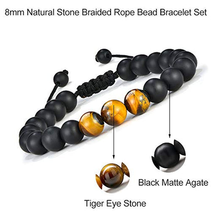 M MOOHAM Mens Bracelet - Beaded Natural Stone 8mm Tiger Eye Matte Agate Lava Rock Bracelets for Men Teen Boys Grandpa Dad Birthday Gifts Jewelry - style: Black Matte Agate Tiger Eye Bracelet