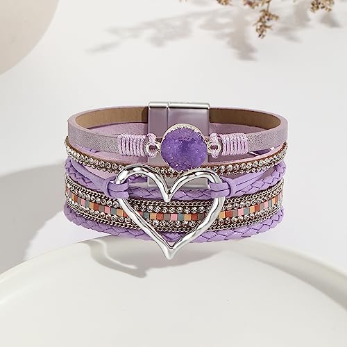 Womens Love Heart Leather Wrap Bracelet Multi-layer Stacked Bangle | Magnetic Clasp Soft PU Leather Resin Stone Rhinestone Boho Style Birthday Valentine Christmas Bohemian Jewelry Gift - color: Purple