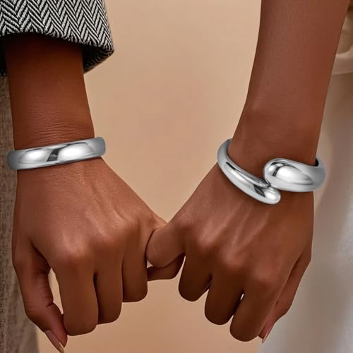 Emibele Cuff Bracelet Stack, 18K Gold-plated Open Bangle Bracelet, Teardrop Hinged Thick Wrist Chunky Bracelet Set for Women, Non Tarnish Jewelry Gift, 2 Pack - color: Silver