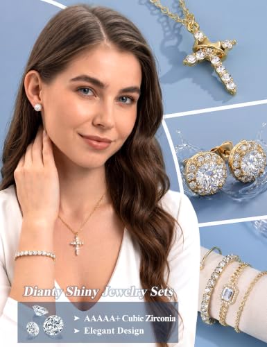 Jewelry Set for Women, 7 Pcs Necklace Earrings Bracelet Set | Crown Cross Necklace,CZ Stud Earrings,Layered Bracelets,Accessories,Adjustable Jewelry,Wedding and Daily Wear,Gold & Silver - color: GOLD