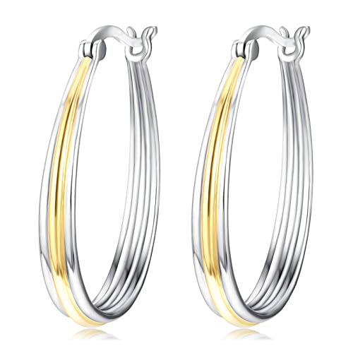 Small Sterling Silver Gold Hoop Earrings Oval Grooved Two Tone Hoops Earrings for Women - color: Gold Hoop Earrings