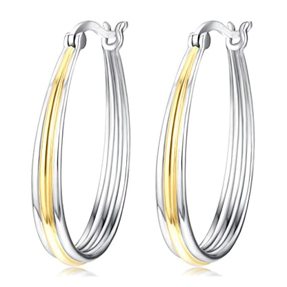 Small Sterling Silver Gold Hoop Earrings Oval Grooved Two Tone Hoops Earrings for Women - color: Gold Hoop Earrings