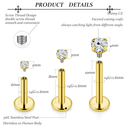 14G Lip Rings Stainless Steel Tragus Helix Conch Piercing Jewelry Snake Bite Piercing Monroe Lip Rings Labret Medusa Cartilage Lobe Earrings Piercing Jewelry Cubic Zirconia 2MM 3MM 4MM - color: 6MM 8MM 10MM-Gold,2mm/3mm/4mm