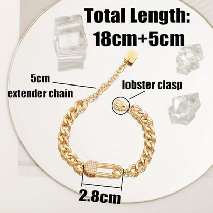 SOFYBJA 18k Gold Plated Personalized Chunky Cuban Oval Link Chain Bracelets for Men Toggle Rope Bracelet Jewelry for Women - style: Zircon Pin Cuban Chain Link Bracelet
