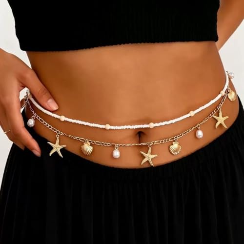 Alloy Waist Chain for Women, Adjustable Body Chain Belt, Layered Bikini Belly Chain, Jewelry for Beach Wear, Summer, Wedding, Festival, Party and Concert - color: Shell Starfish Chain