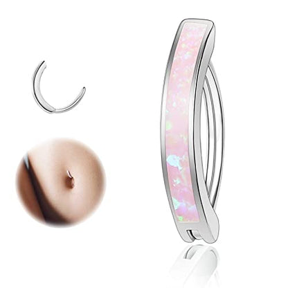 ZS 14G Clicker Belly Button Rings for Women, 925 Sterling Silver Opal Belly Barbell Piercing Reverse Curved Navel Barbell Body Jewelry - color: Pink Opal:14G,12mm