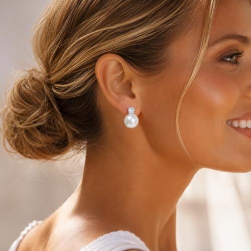 Pearl Clip on Earrings for Women - 14K Gold Silver Plated Cubic Zirconia Non Pierced Ear Clips Jewelry Gifts for Wedding Bridal Party Gifts - color: Gold-10mm