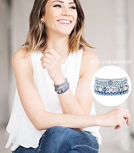 Noessla Beaded Pearl Stretch Bracelet Silver Stackable Crystal Beads Bracelets Trendy Costume Jewelry Mothers Day Gifts for Women - color: Blue