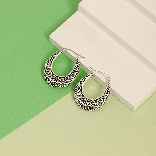 LeCalla 925 Sterling Silver Bali-Style Hoop Earrings Lightweight Click-Top Antique Two-Tone Beaded Italian Bali Style Earring Hoops for Women - style: Scrollwork Style