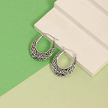 LeCalla 925 Sterling Silver Bali-Style Hoop Earrings Lightweight Click-Top Antique Two-Tone Beaded Italian Bali Style Earring Hoops for Women - style: Scrollwork Style